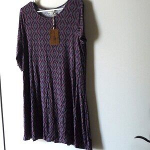 Natural Life boho geometric print midi tunic dress L rayon tan pink black